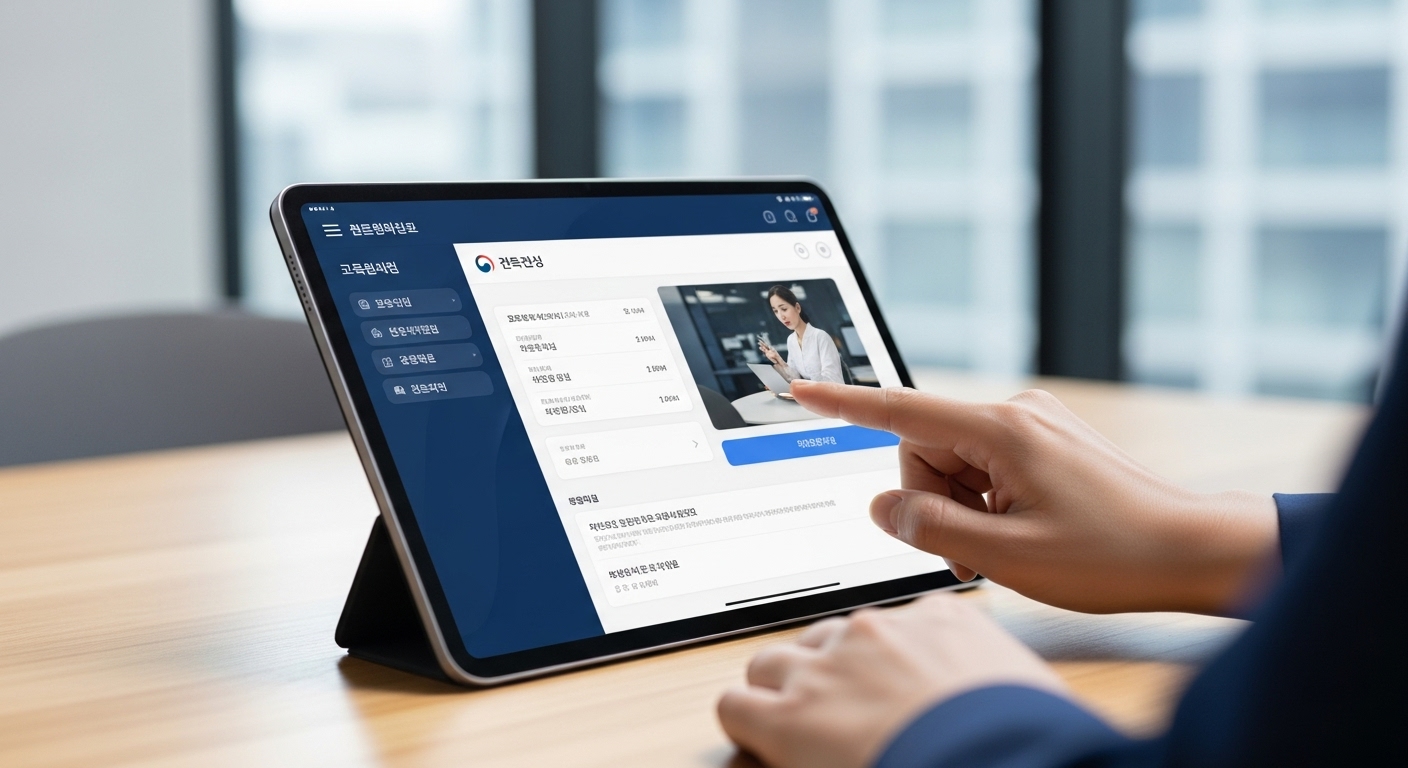 국세 납부 편의성 제고를 위한 향후 전망 - 매끄러운 태블릿에 표시된 현대적이고 미니멀한 국세 납부 디지털 인터페이스와 한국인의 손이 화면을 부드럽게 탭하고 있다. 인터페이스는 깔끔하고 사용자 친화적이며, 현대적인 사무실이나 가정의 흐릿한 배경에 배치되어 있다.