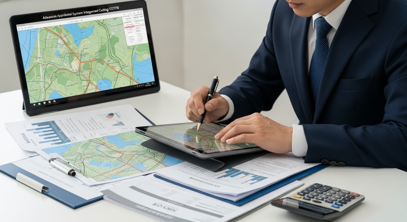 핵심 개정 내용: 보상 기준 및 평가 방식의 변화 - 한국인 감정평가사가 태블릿으로 토지 지도를 분석하고 서류와 계산기를 사용하여 공정하게 토지 가치를 평가하는 모습.