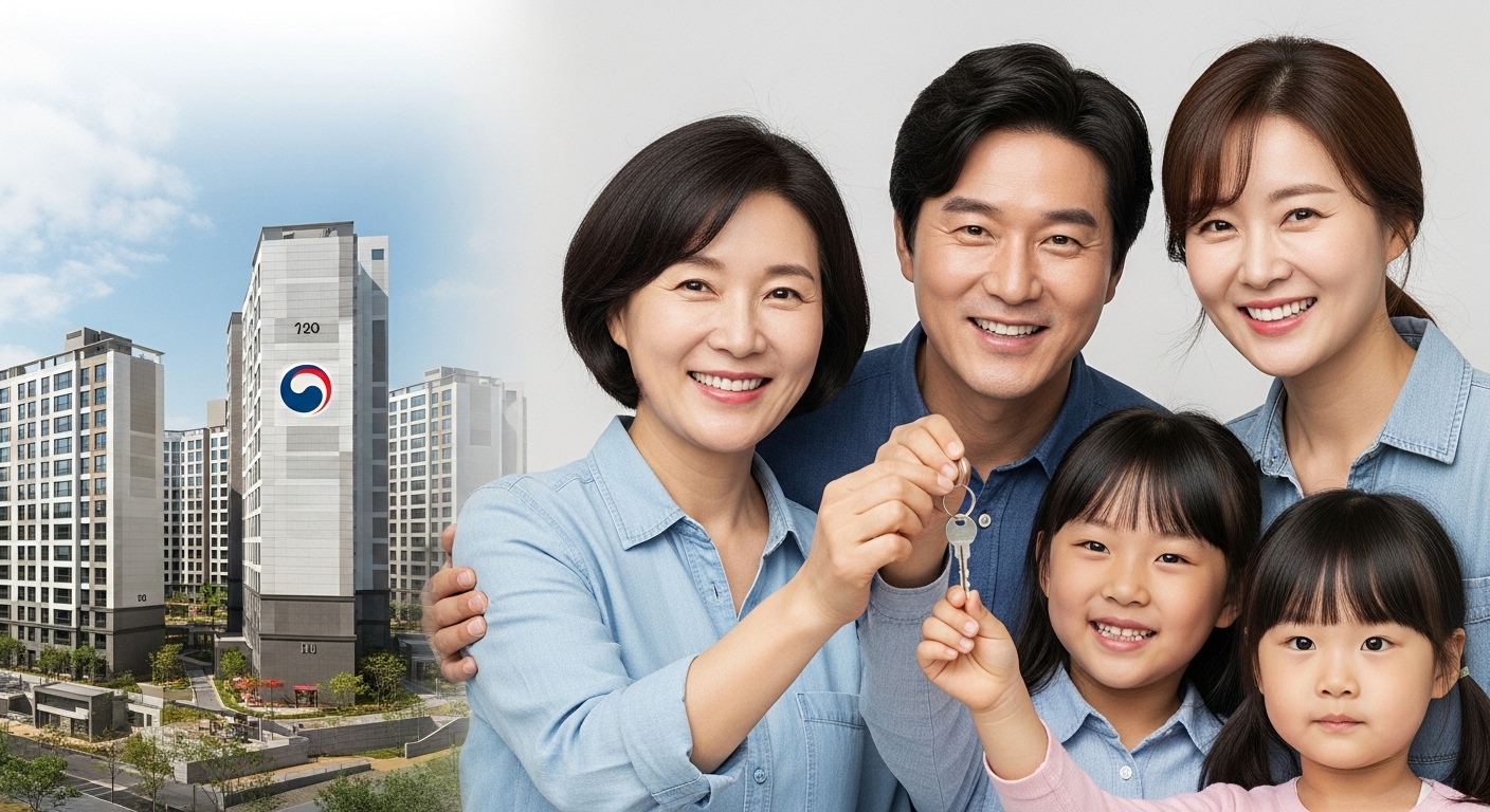 이주 대책 강화 및 주민 권익 보호 - 한 한국인 가족이 밝은 얼굴로 새로운 집의 열쇠를 받고 있으며, 뒤로는 새로운 아파트 단지가 보인다.