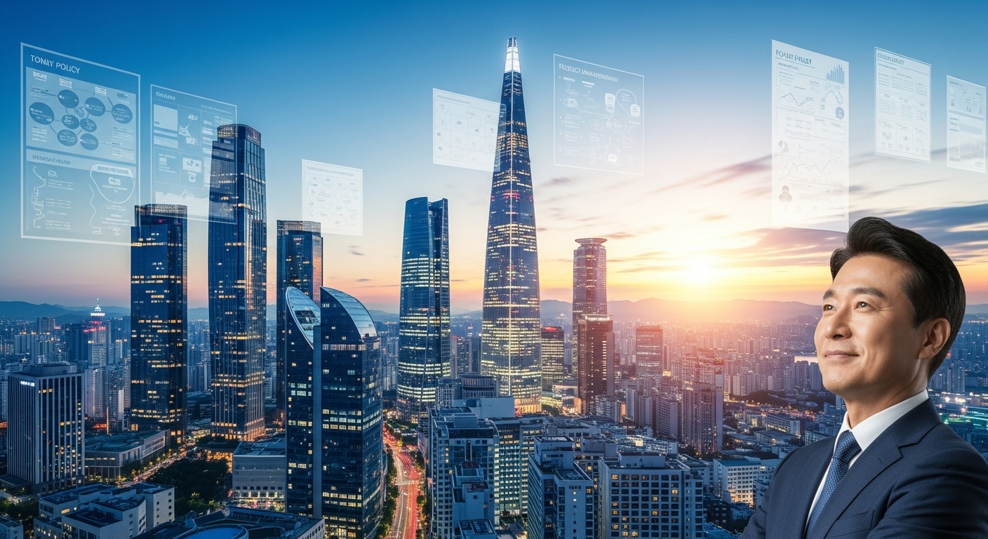 적극행정의 2025년 정책 기조와 목표 - 한국의 미래 도시 풍경과 정책 문서를 배경으로, 적극행정의 방향성을 제시하는 한국인 공무원의 모습.