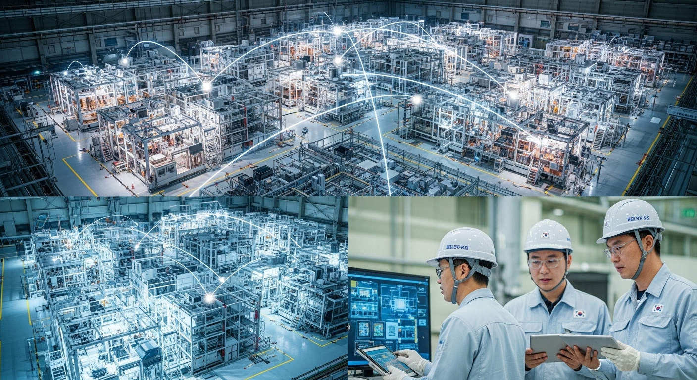 산업 분야별 맞춤형 규제 개선 및 지원 강화 - 반도체 공장 또는 미래 모빌리티 충전소 같은 첨단 산업 시설에서 한국인 엔지니어들이 협력하며 규제 개선과 지원을 통해 효율적으로 작업하는 모습.