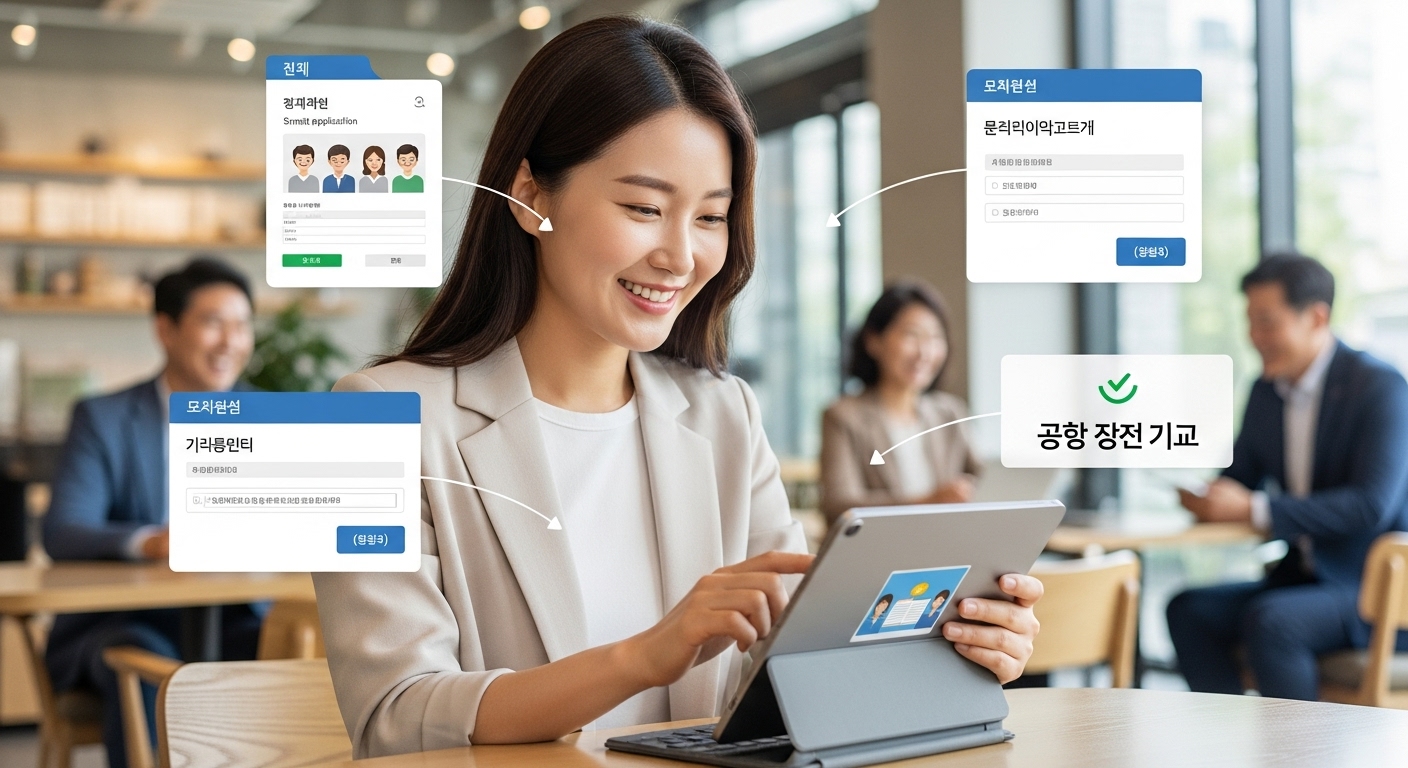 국민 체감형 서비스 혁신 및 소통 강화 - 태블릿으로 디지털 정부 서비스를 이용하며 만족스러워하는 한국인 시민과, 효율적인 행정 혜택을 받는 다양한 한국인들의 모습.