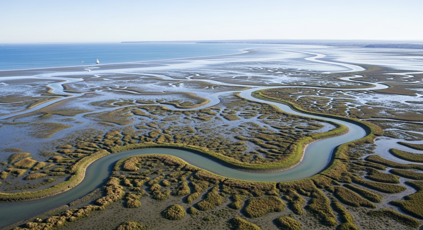 가로림만, 왜 대한민국 1호 국가해양생태공원인가? - 광활하고 복잡한 물길을 가진 가로림만 갯벌의 항공 사진, 썰물 때 풍부하고 활기찬 생태계를 드러내며 멀리 작은 배가 보이는 모습