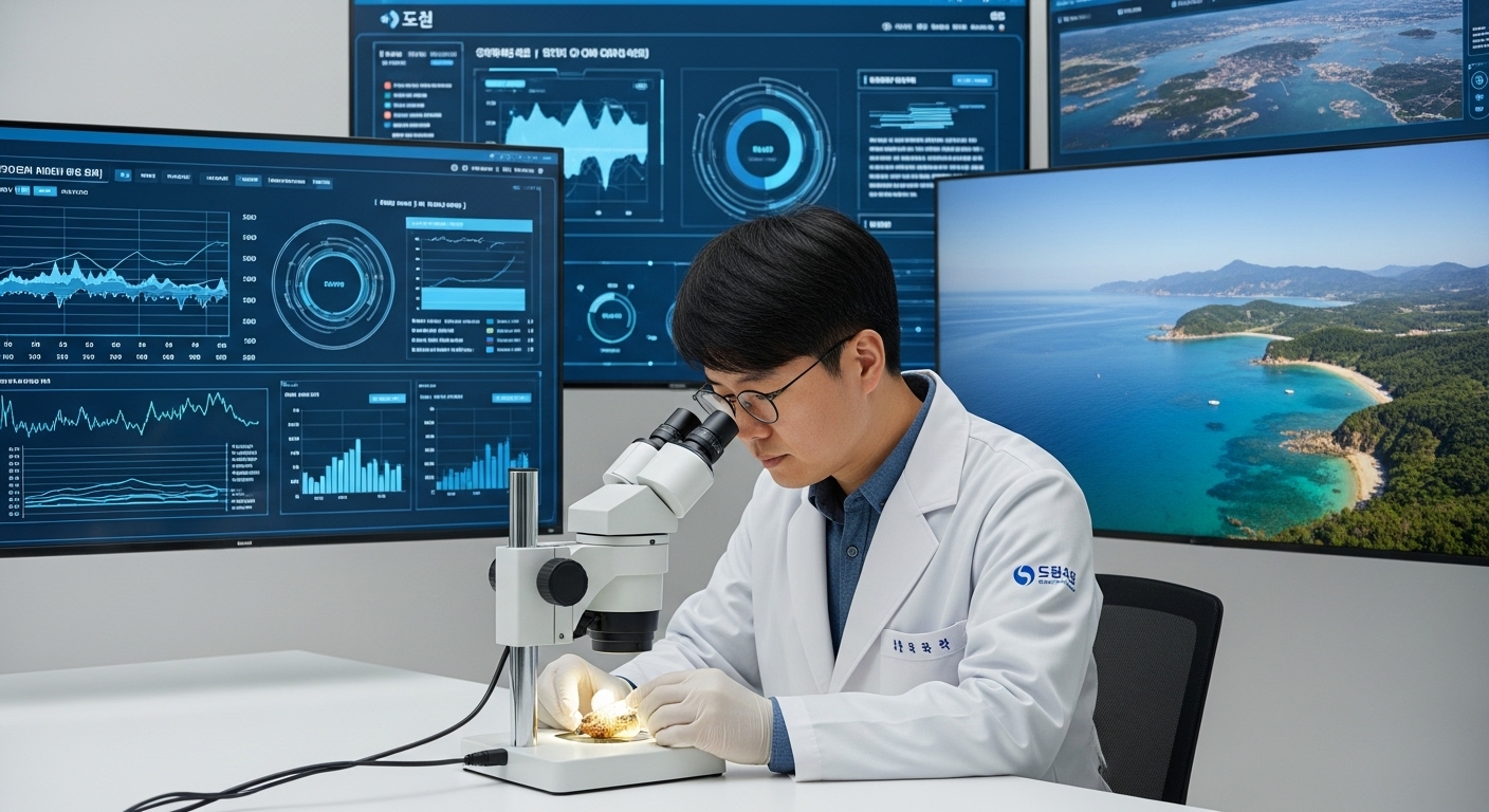 지속 가능한 미래를 위한 가로림만의 역할과 과제 - 연구원이 실험실에서 현미경으로 해양 표본을 연구하고 있으며, 배경에는 데이터가 표시된 디지털 화면과 가로림만의 평화로운 이미지가 있어 보전을 위한 지속적인 연구와 모니터링을 보여줌