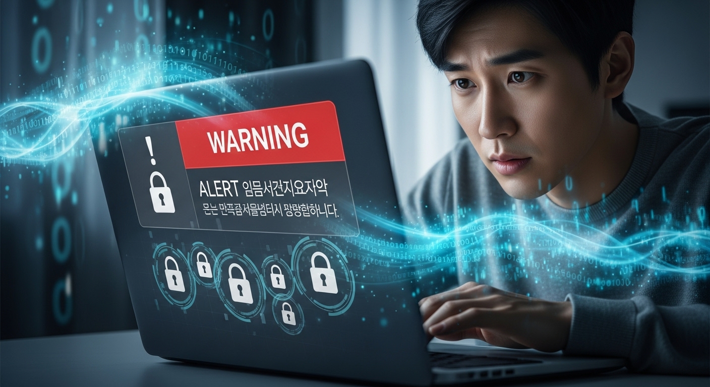 개인정보 유출 사건의 심각성과 징벌적 손해배상 도입 배경 - 걱정스러운 표정의 한국인 한 명이 노트북 화면에 표시된 사이버 보안 경고와 디지털 자물쇠 아이콘을 바라보고 있으며, 데이터 유출의 심각성과 강력한 법적 보호의 필요성을 상징한다.