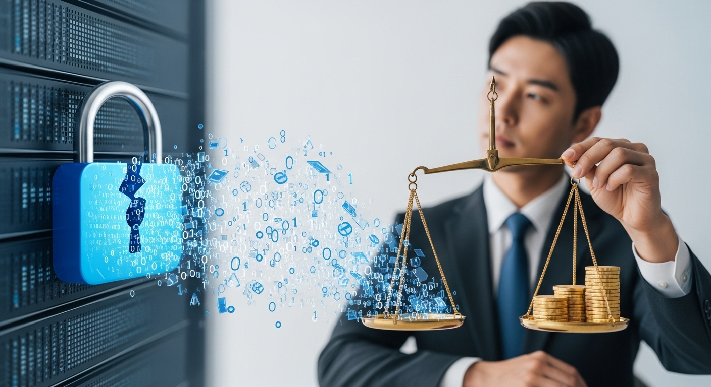 쿠팡 개인정보 유출 사례와 법적 책임 범위 - 대규모 전자상거래 플랫폼(쿠팡)에서의 데이터 유출을 상징하는 서버의 부서진 디지털 자물쇠와, 한국인 법률 전문가가 들고 있는 법률 저울에 데이터가 흘러들어가는 양식화된 그래픽으로 법적 책임과 징벌적 손해배상의 적용을 나타낸다.