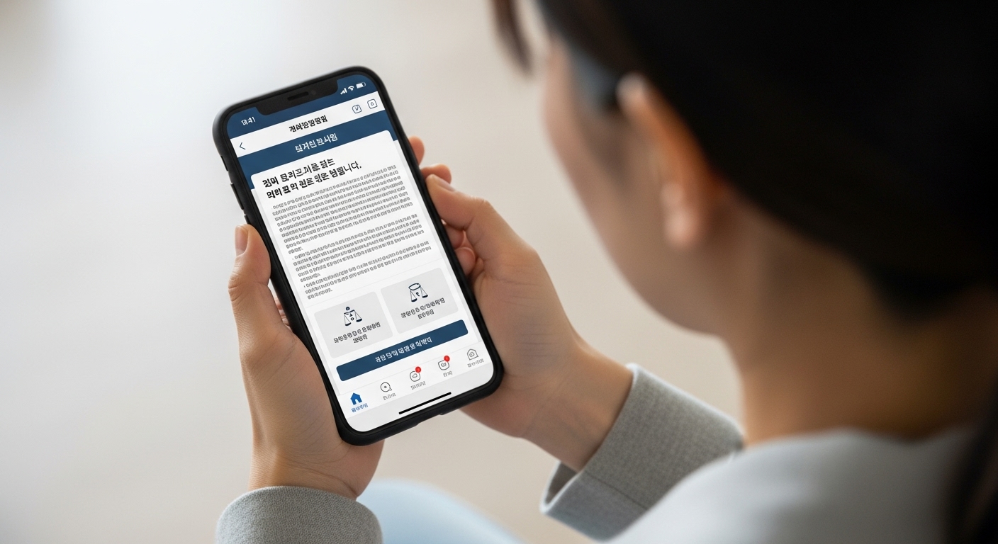 징벌적 손해배상, 실제 적용과 소비자가 취할 수 있는 조치 - 한국인 한 명이 스마트폰을 들고 데이터 유출 신고 및 손해배상 청구 절차가 명확하게 표시된 법률 문서 또는 소비자 보호 앱 화면을 보고 있으며, 이는 소비자의 능동적인 조치를 상징한다.