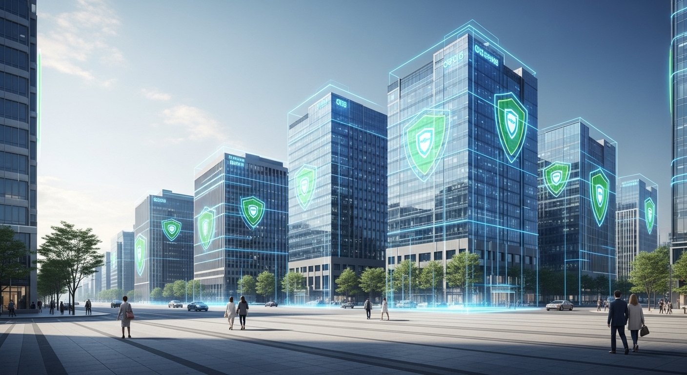 미래 전망: 강화되는 개인정보보호와 기업의 책임 - 미래 지향적인 도시 경관에 현대 한국 기업 건물 주변을 둘러싼 빛나는 선과 방패 형태의 첨단 디지털 보안 조치가 보여, 기업의 강력한 책임과 선제적인 데이터 보호 기술을 강조한다.