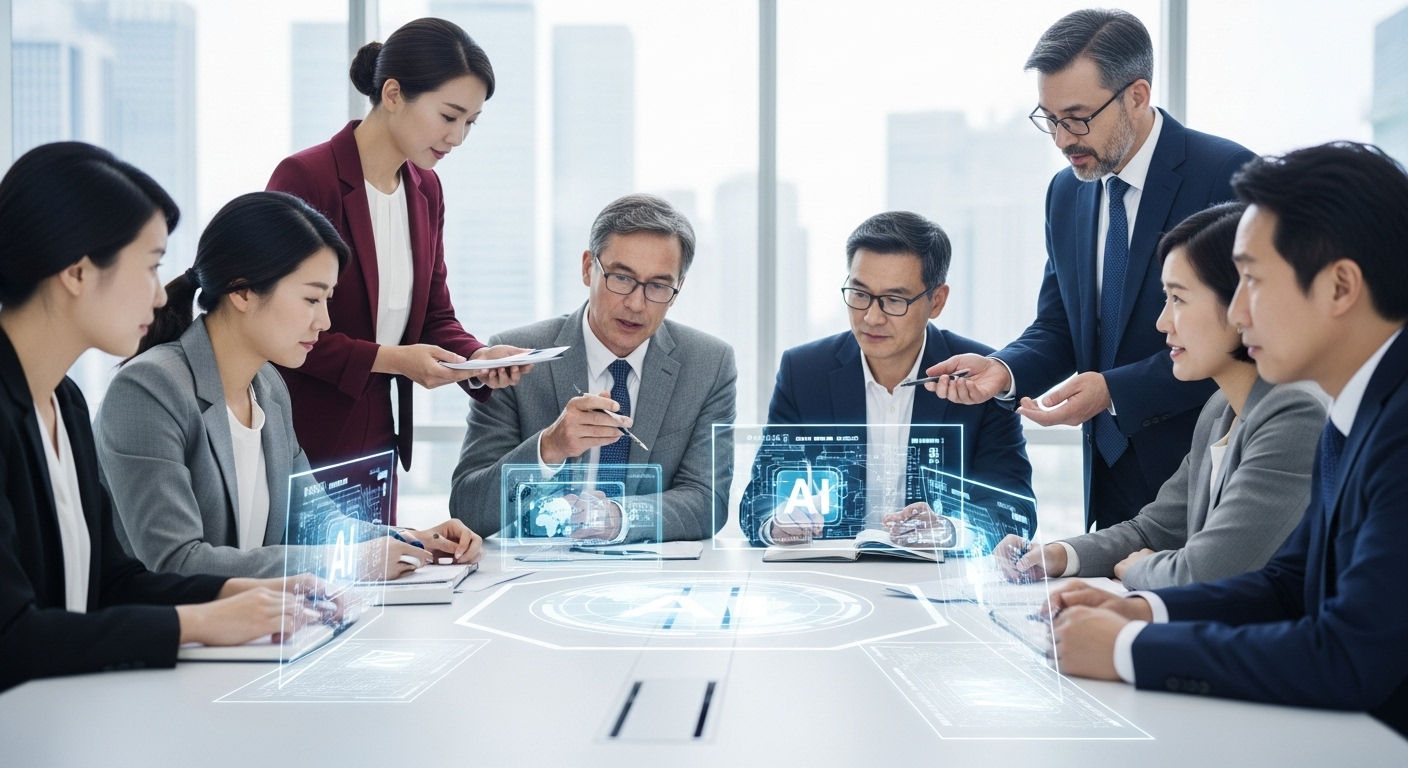 AI 표준화의 시대적 요구와 서울 서밋의 배경 - 서울의 현대적인 회의실에서 국제 리더와 전문가들이 홀로그래픽 AI 인터페이스가 있는 테이블에 모여 AI 표준에 대한 깊은 토론을 벌이는 모습, 글로벌 협력을 상징한다.