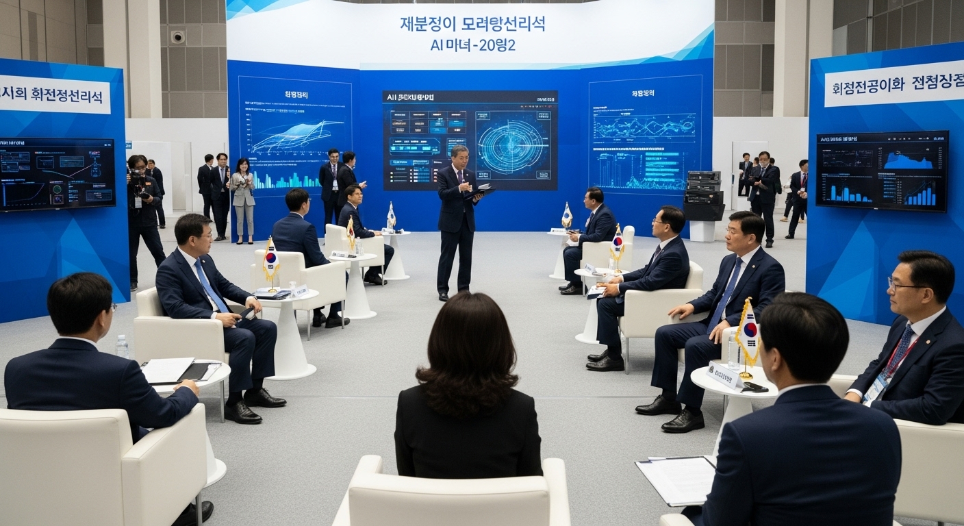 국제 AI 표준 서밋 2025의 주요 논의와 성과 - 서울의 현대적인 컨벤션 센터에서 열린 분주한 국제 고위급 서밋 풍경. 다양한 국가의 대표단과 한국 대표들이 활발히 토론에 참여하고 있으며, 스크린에는 복잡한 AI 관련 그래프와 데이터가 표시되어 있다.