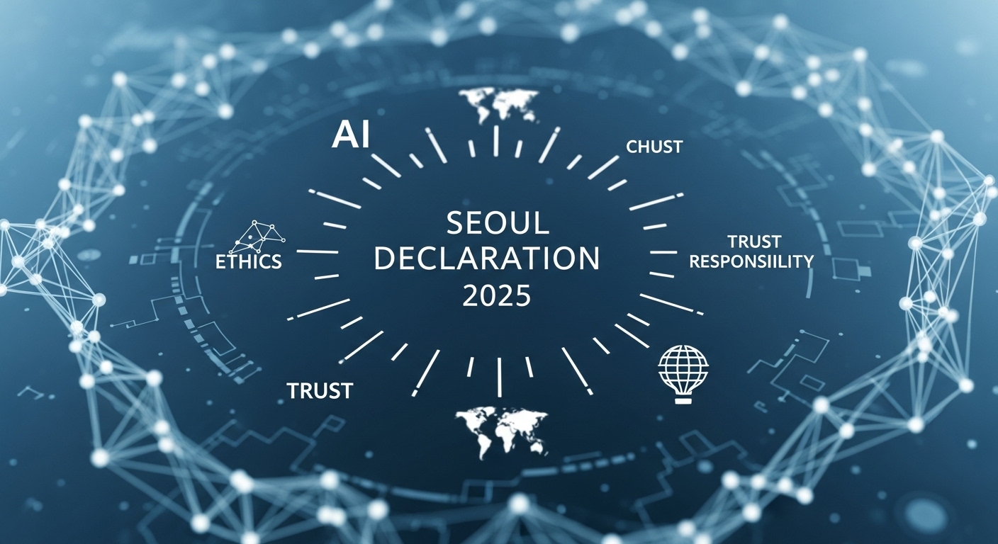 서울 선언 2025의 핵심 내용과 글로벌 영향 - 빛나는 선과 노드로 연결된 전 세계 AI 네트워크를 양식화하여 묘사하고, 중앙에 '서울 선언 2025' 텍스트가 강조되어 윤리, 신뢰, 책임의 원칙을 발산하는 모습. 배경은 부드러운 미래적인 파란색이다.