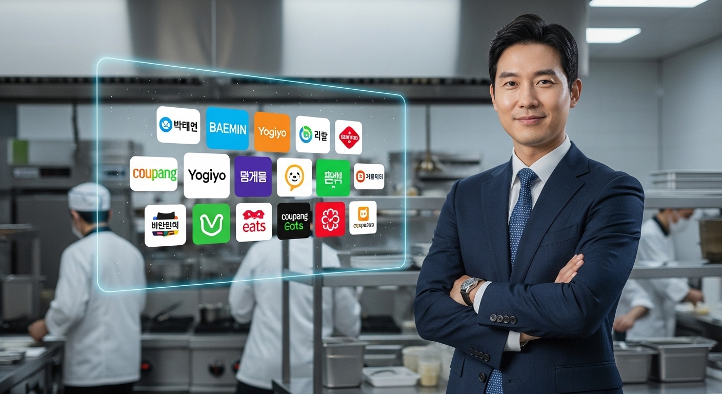 더본코리아의 파격 결정, 그 배경과 의미 - 한국인 사업가가 주방 앞에서 홀로그램 배달 앱을 배경으로 서 있는 모습