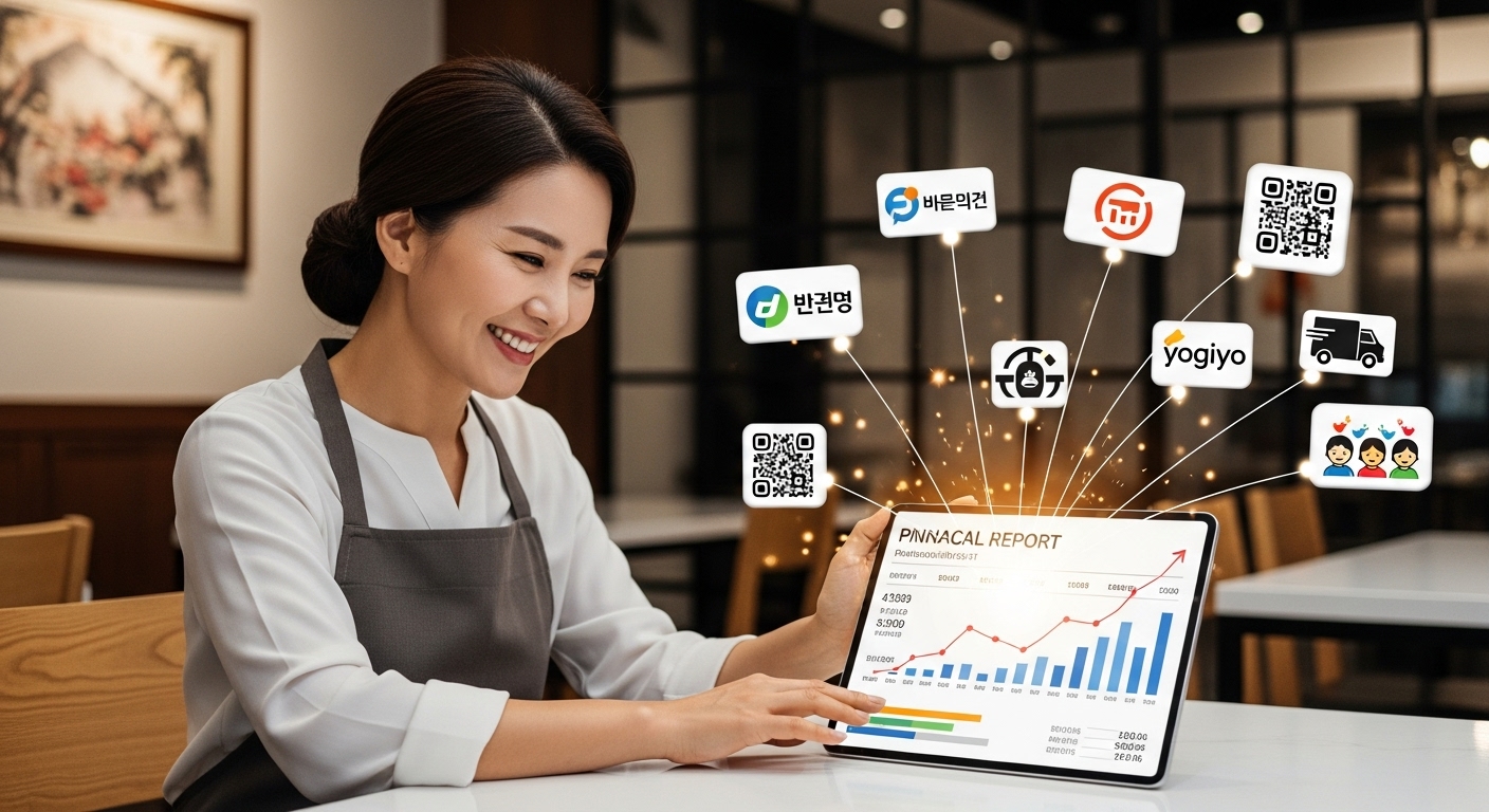 예상되는 파급 효과와 시장 반응 - 한국인 식당 주인이 증가한 이익을 보여주는 재무 보고서를 기쁘게 검토하는 모습