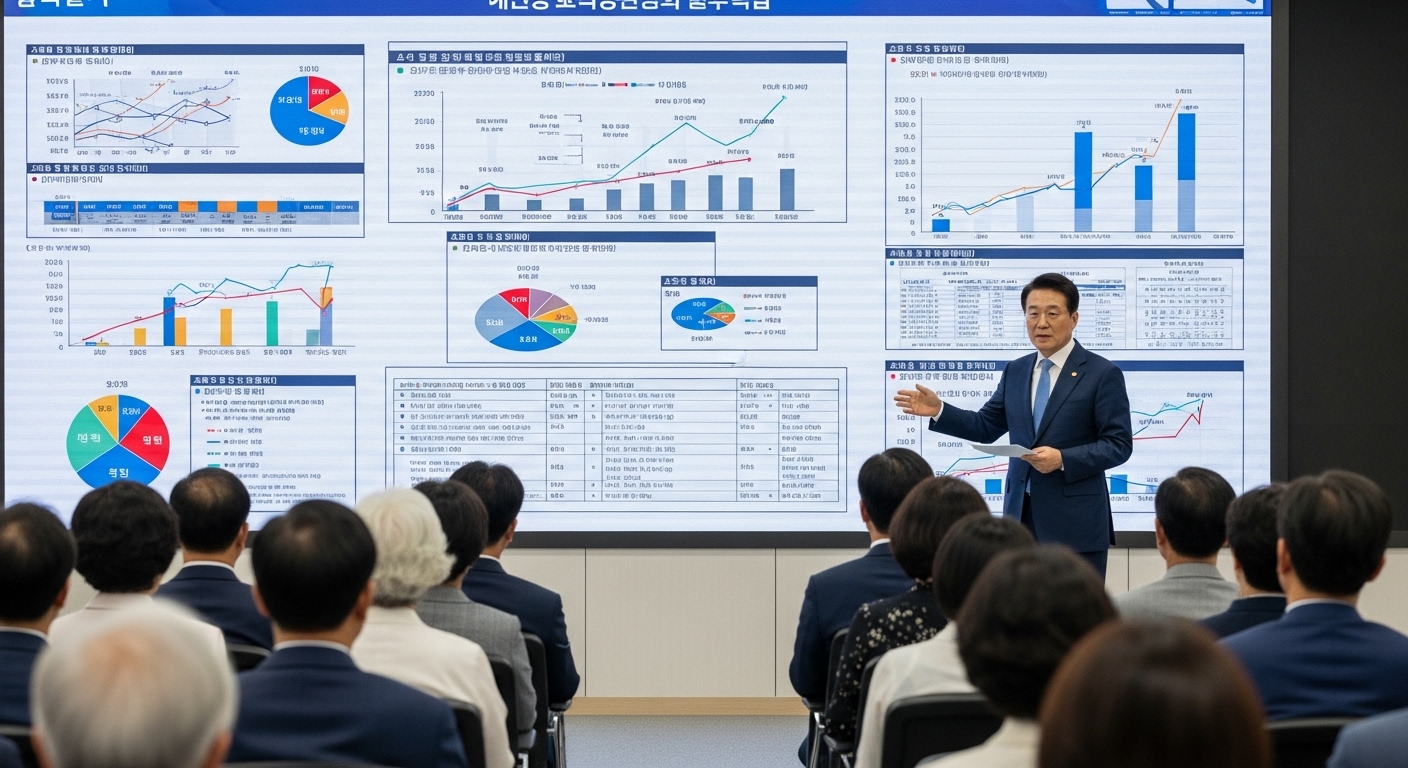 2025년 국민연금 추납 제도 개편의 배경 및 주요 내용 - 한국 정부 관계자가 연금 개혁 관련 차트와 그래프를 대형 스크린으로 설명하는 모습