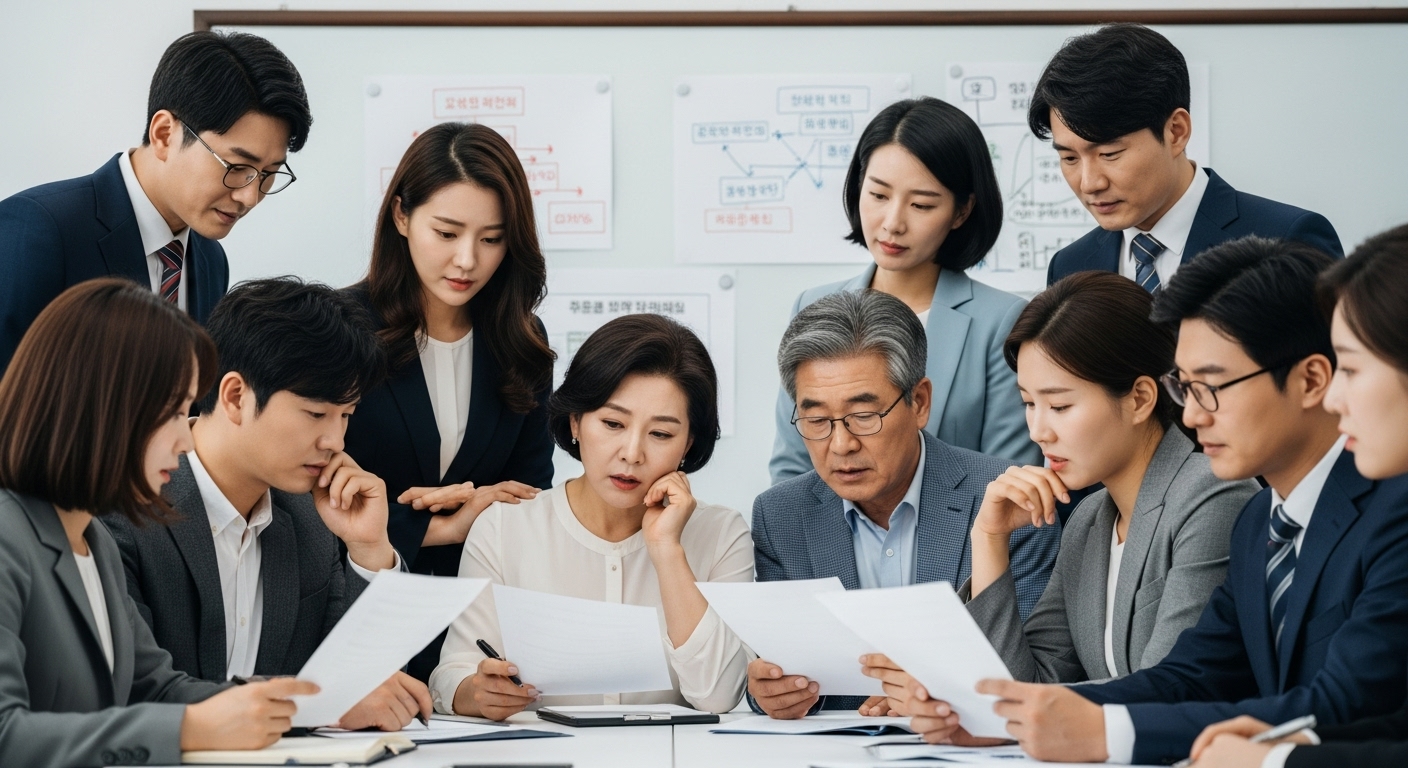 추납 제도 개편이 가입자에게 미치는 영향 - 다양한 연령대의 한국인들이 연금 계획 서류를 놓고 토론하는 모습