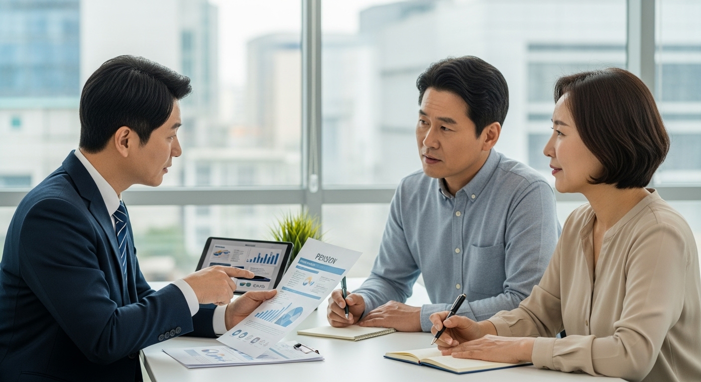 개편된 추납 제도, 현명하게 활용하는 방법 - 한국인 재정 상담사가 중년 부부에게 연금 옵션을 설명하는 모습