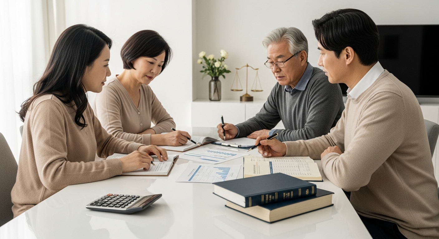 현행 상속세 제도와 개편 논의의 배경 - 한국인 가족이 식탁에 앉아 상속 관련 서류를 진지하게 검토하고 있는 모습.