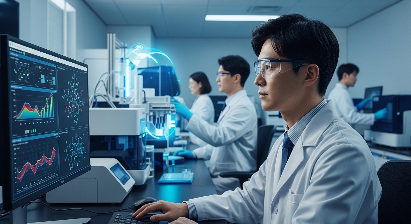 개정 검역법의 핵심 내용과 주요 변화 - 한국인 과학자가 첨단 병원균 감지 데이터를 모니터링하며, 다른 연구원들이 실험실 장비로 작업하는 하이테크 연구실 모습