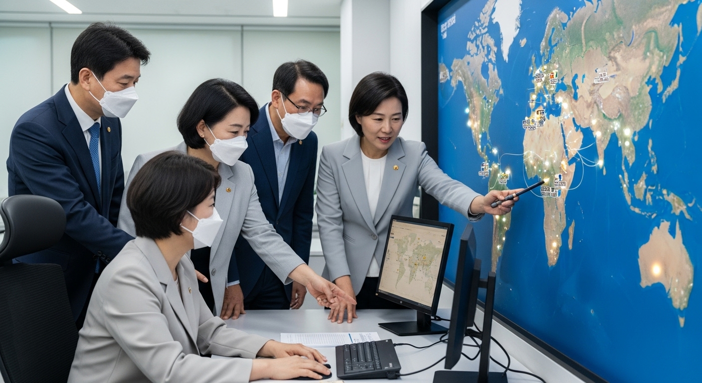 다음 팬데믹 대비를 위한 전략적 의의 - 다양한 국적의 공중 보건 관계자들이 전 세계 지도를 보며 잠재적 팬데믹 발생 지점을 분석하는 현대적인 관제 센터 모습