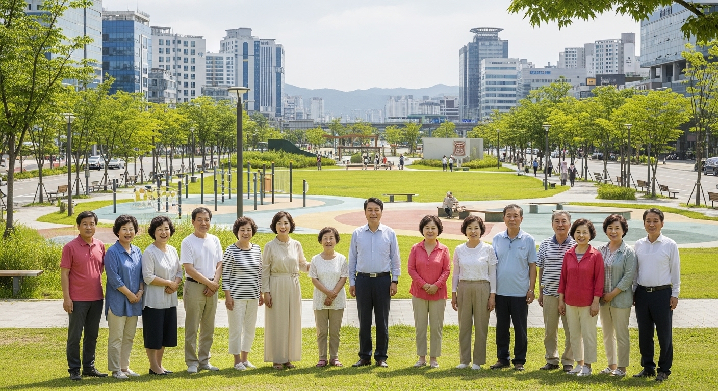 기대 효과 및 향후 과제 - 다양한 연령대의 한국인들이 안전하고 활기찬 공원에서 웃으며 서 있는 모습, 성공적인 팬데믹 대비 후의 공중 보건과 사회적 회복력을 상징