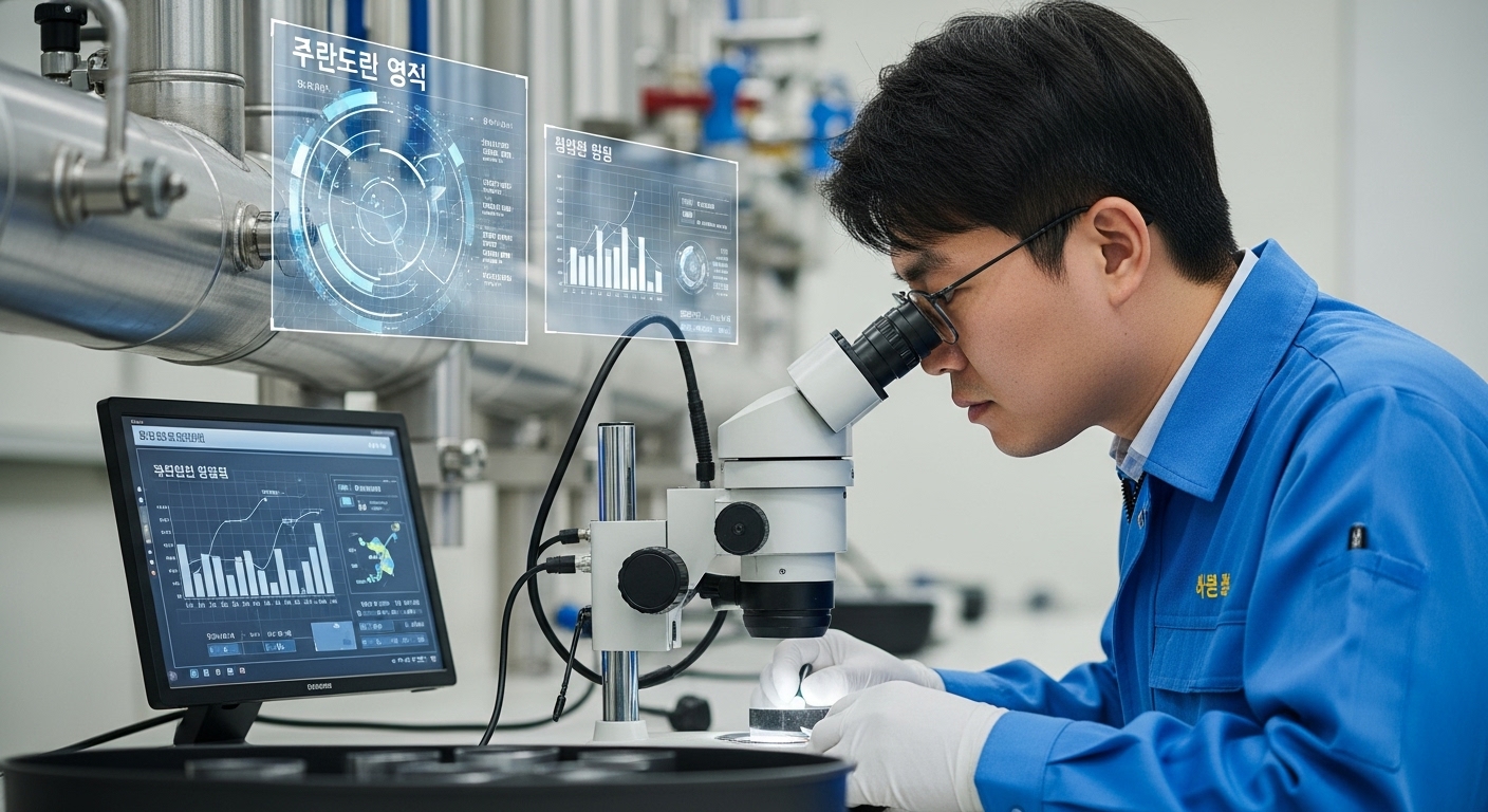 무계목강관 유통이력 관리 강화의 시대적 배경과 필요성 - 한 한국인 기술자가 산업용 무계목강관을 현미경으로 검사하며 디지털 스크린에 품질 관리 및 이력 추적 데이터를 확인하는 모습.