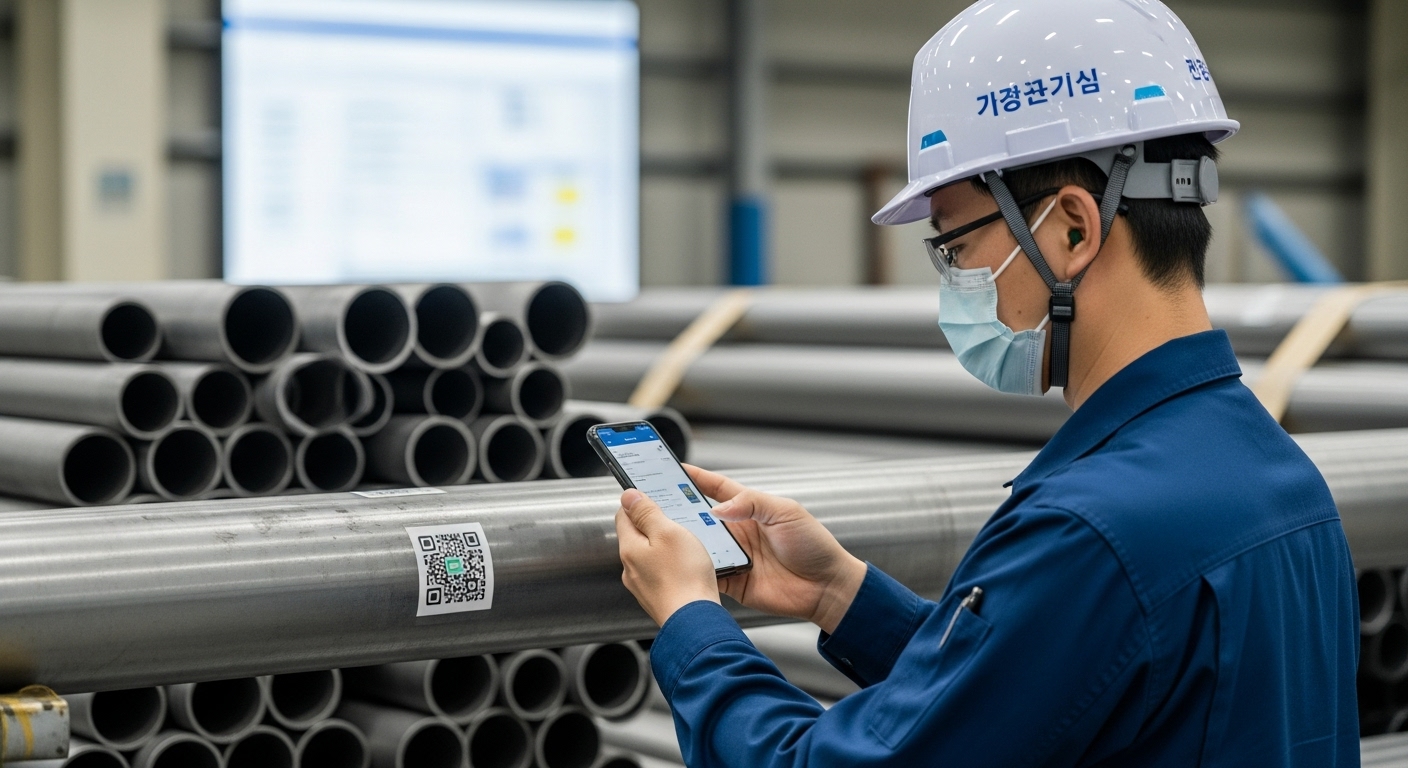 2025년 현재 무계목강관 유통이력 관리 체계의 특징 - 한국인 작업자가 무계목강관의 QR코드를 스마트폰으로 스캔하여 디지털 관리 시스템에 정보를 입력하는 장면.