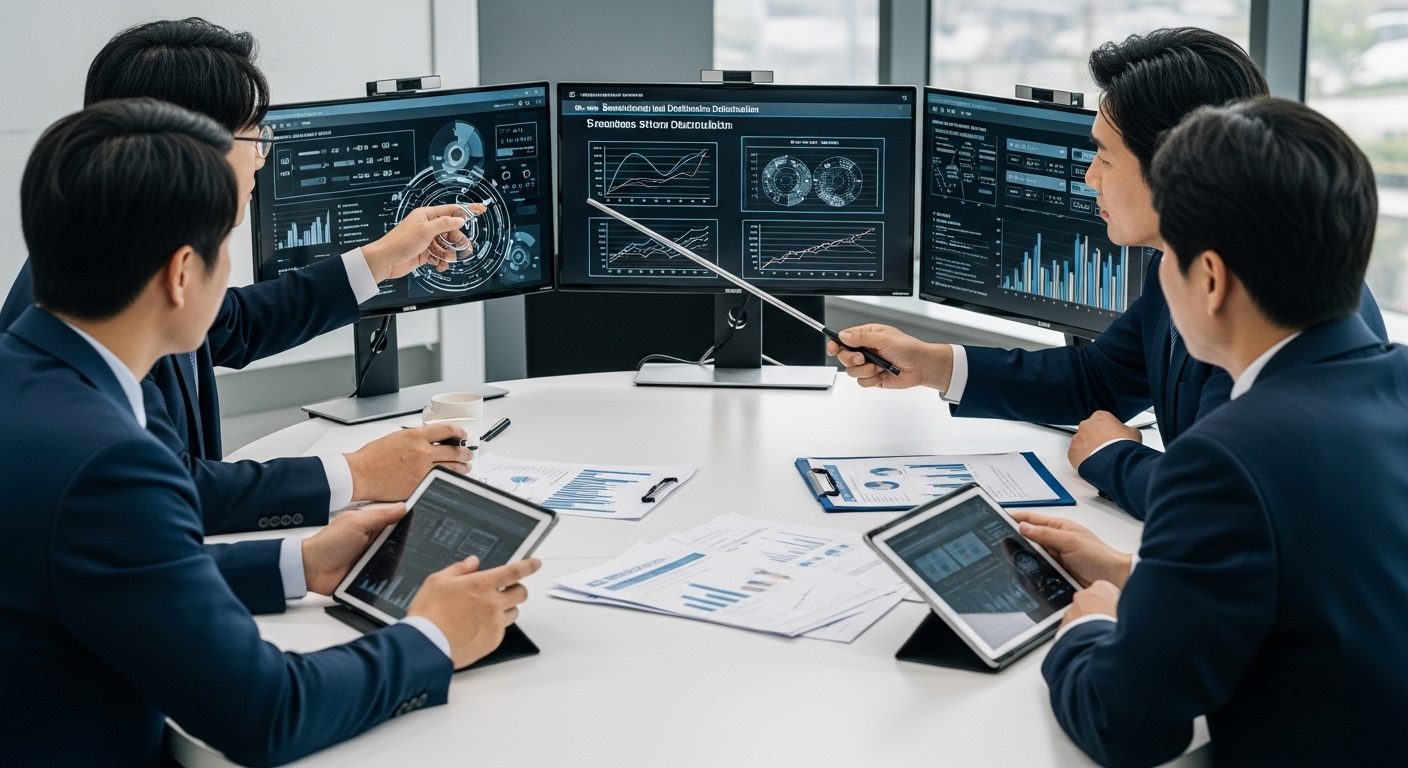 효과적인 유통이력 관리 강화를 위한 구체적인 방안 - 한국인 전문가들이 원형 테이블에 모여 디지털 화면의 무계목강관 유통 데이터를 보며 진지하게 토론하는 모습.