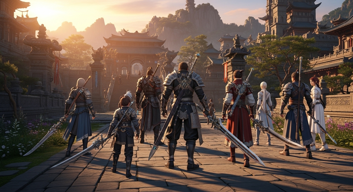 연말을 장식할 대작 RPG의 귀환과 진화 - 한국인 모험가들이 석양 아래 고대 도시를 탐험하는 장엄한 판타지 RPG 게임 장면.