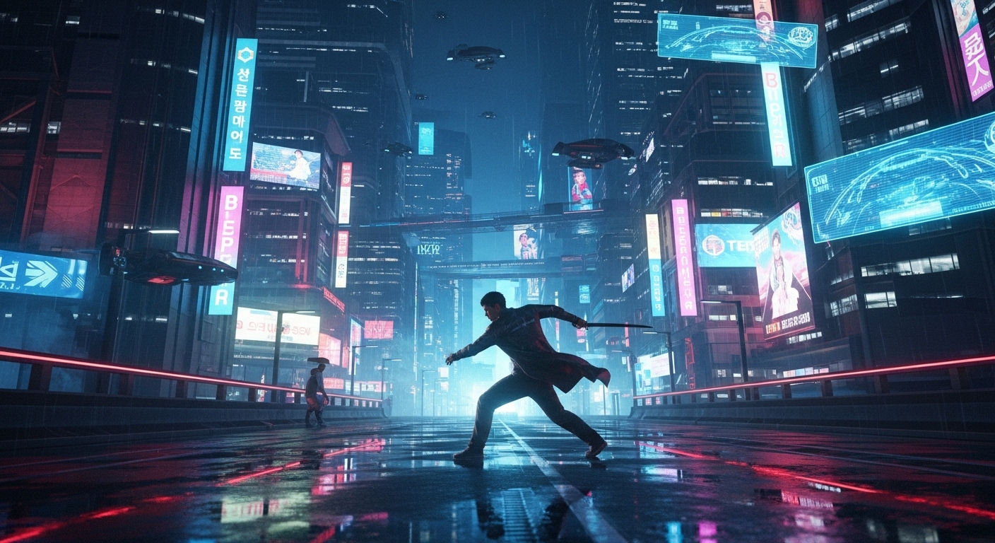혁신적인 액션 어드벤처: 몰입감 넘치는 경험 - 네온사인 가득한 미래 도시에서 역동적인 전투를 벌이는 한국인 주인공의 모습.