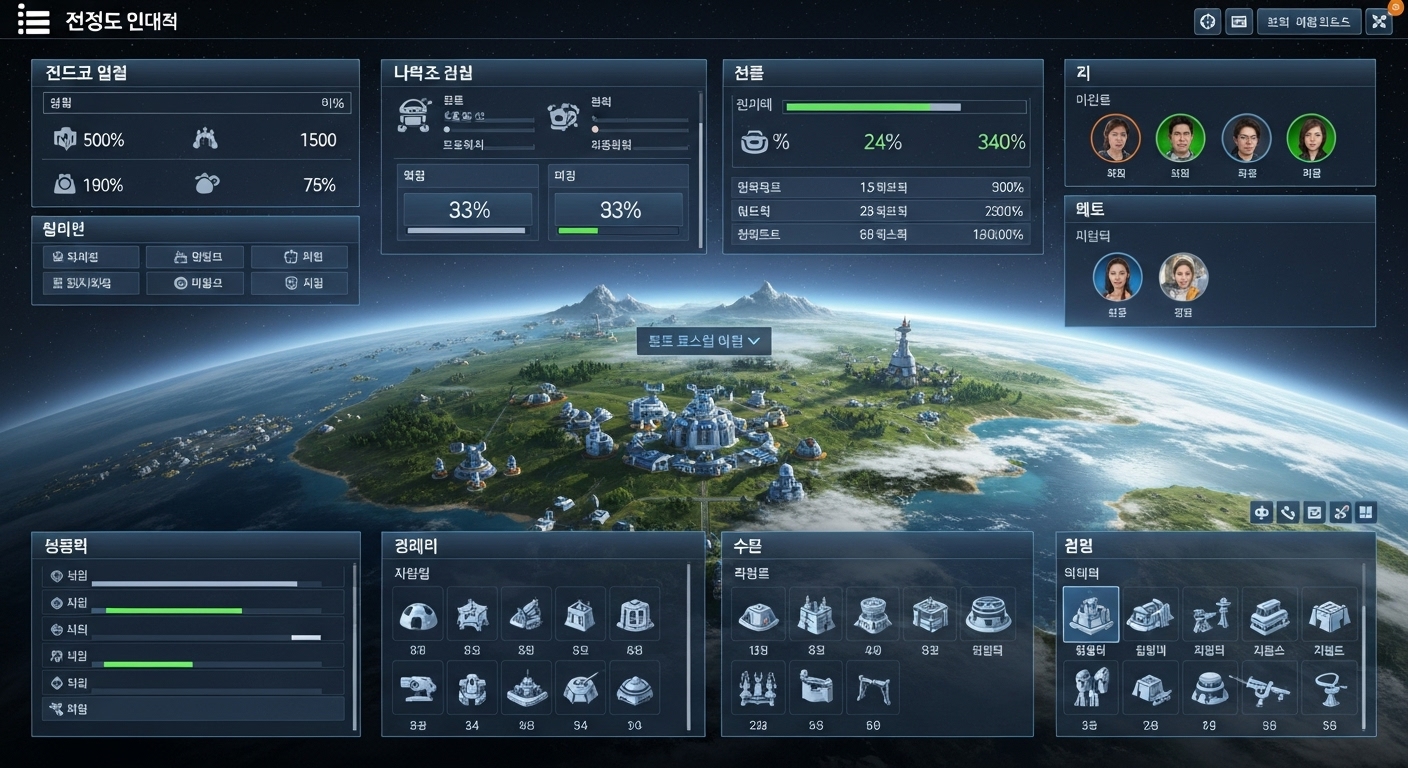 전략과 시뮬레이션: 깊이 있는 사고를 요구하는 새로운 도전 - 한국어 UI로 구성된 미래형 우주 식민지 시뮬레이션 게임 화면.