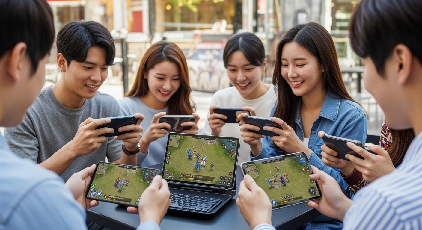 모바일 및 클라우드 게이밍, 접근성의 확장 - 야외 카페에서 다양한 기기로 모바일 MMORPG를 즐기는 여러 명의 한국인 젊은이들.