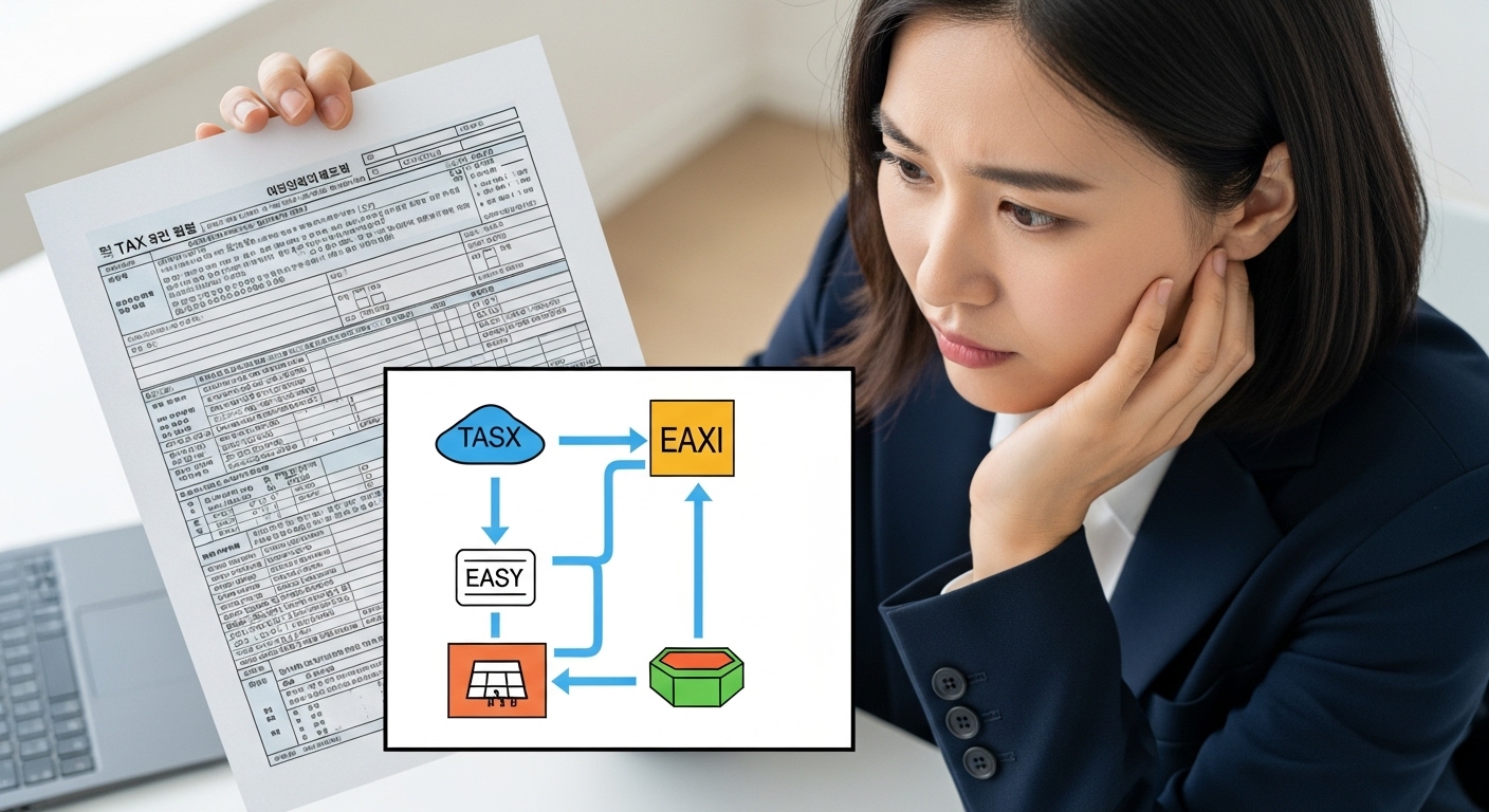 인적공제 기본 개념 및 2025년 귀속 주요 기준 - 한 한국인이 복잡한 세금 서류를 들여다보며 인적공제 기준을 이해하기 위해 노력하는 모습, 옆에는 복잡한 내용을 시각적으로 단순화한 다이어그램이 함께 그려져 있음.
