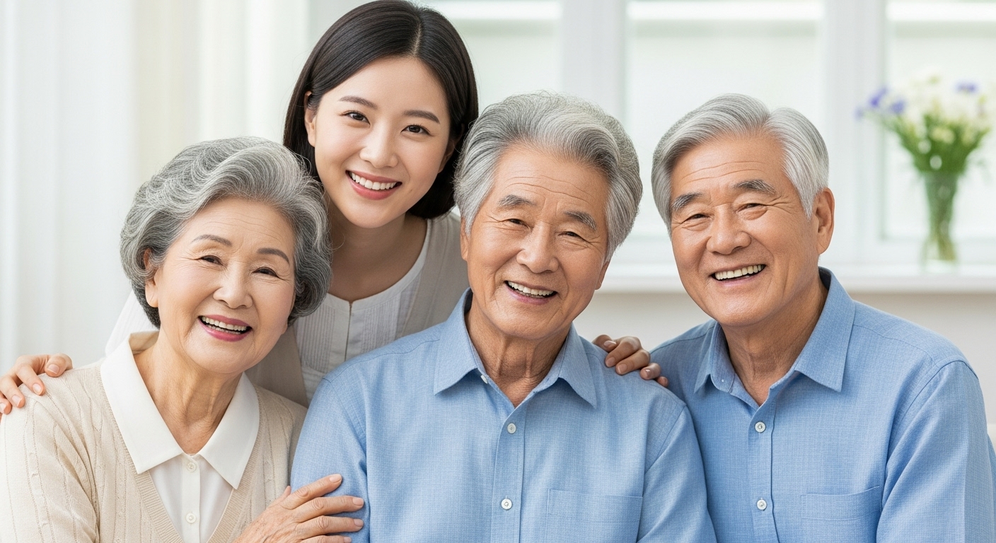 부모님 인적공제: 나이 및 소득 요건 상세 분석 (직계존속) - 한국인 자녀가 만 60세 이상인 한국인 부모님과 함께 온화하게 웃고 있는 모습, 가족 간의 따뜻한 유대감이 느껴진다.