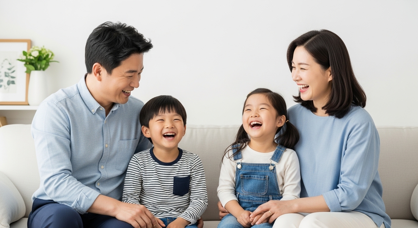 자녀 인적공제: 나이 및 소득 요건 상세 분석 (직계비속) - 한국인 부모와 두 명의 자녀가 거실에서 밝게 웃고 있는 행복한 가족의 모습, 자녀들은 건강하고 즐거워 보인다.