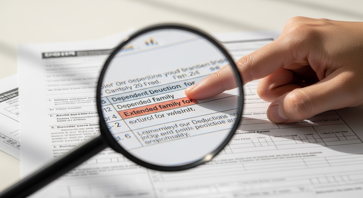기타 부양가족 공제 및 핵심 주의사항 - 다양한 연말정산 서류 위에 놓인 돋보기와 한국인 손이 특정 조항을 가리키고 있는 모습, 부양가족 공제 세부사항의 복잡성과 중요성을 강조한다.