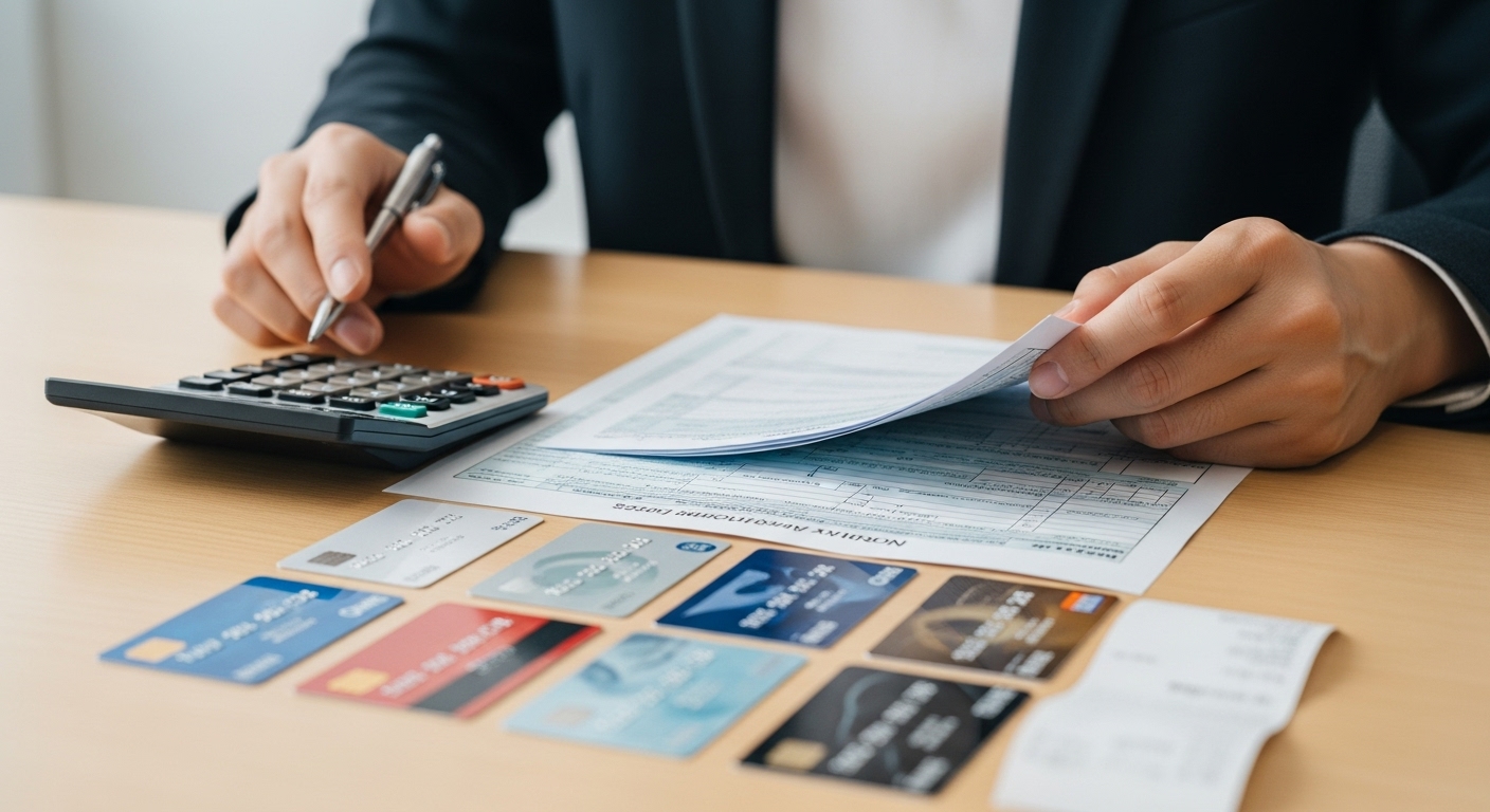 2025년 소득공제, 카드 사용 혜택의 핵심 이해 - 한 한국인이 2025년 연말정산을 위해 세금 양식과 신용카드, 체크카드 등을 놓고 전략적으로 계산하는 모습