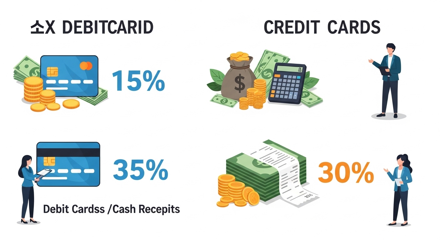 신용카드·체크카드·현금영수증 공제율 및 한도 완벽 비교 - 신용카드 15%, 체크카드 및 현금영수증 30%의 소득공제율을 직관적으로 보여주는 비교 인포그래픽