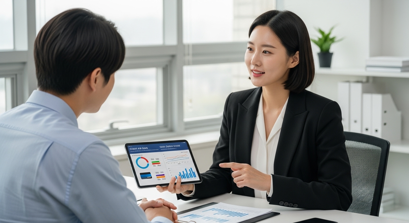 나에게 맞는 2025년 소득공제 황금비율 계산 및 최적화 전략 - 한국인 재무 설계사가 고객에게 신용카드와 체크카드 소득공제 비율을 차트와 함께 설명하며 개인 맞춤형 절세 전략을 제시하는 모습