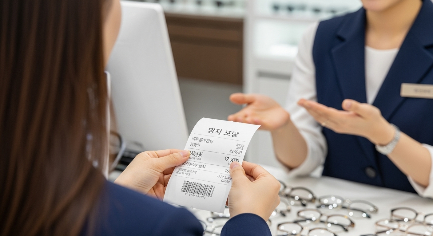 안경·콘택트렌즈 구입비 영수증 - 안경점에서 고객이 시력 교정용 안경을 구매하고 영수증을 받는 장면.