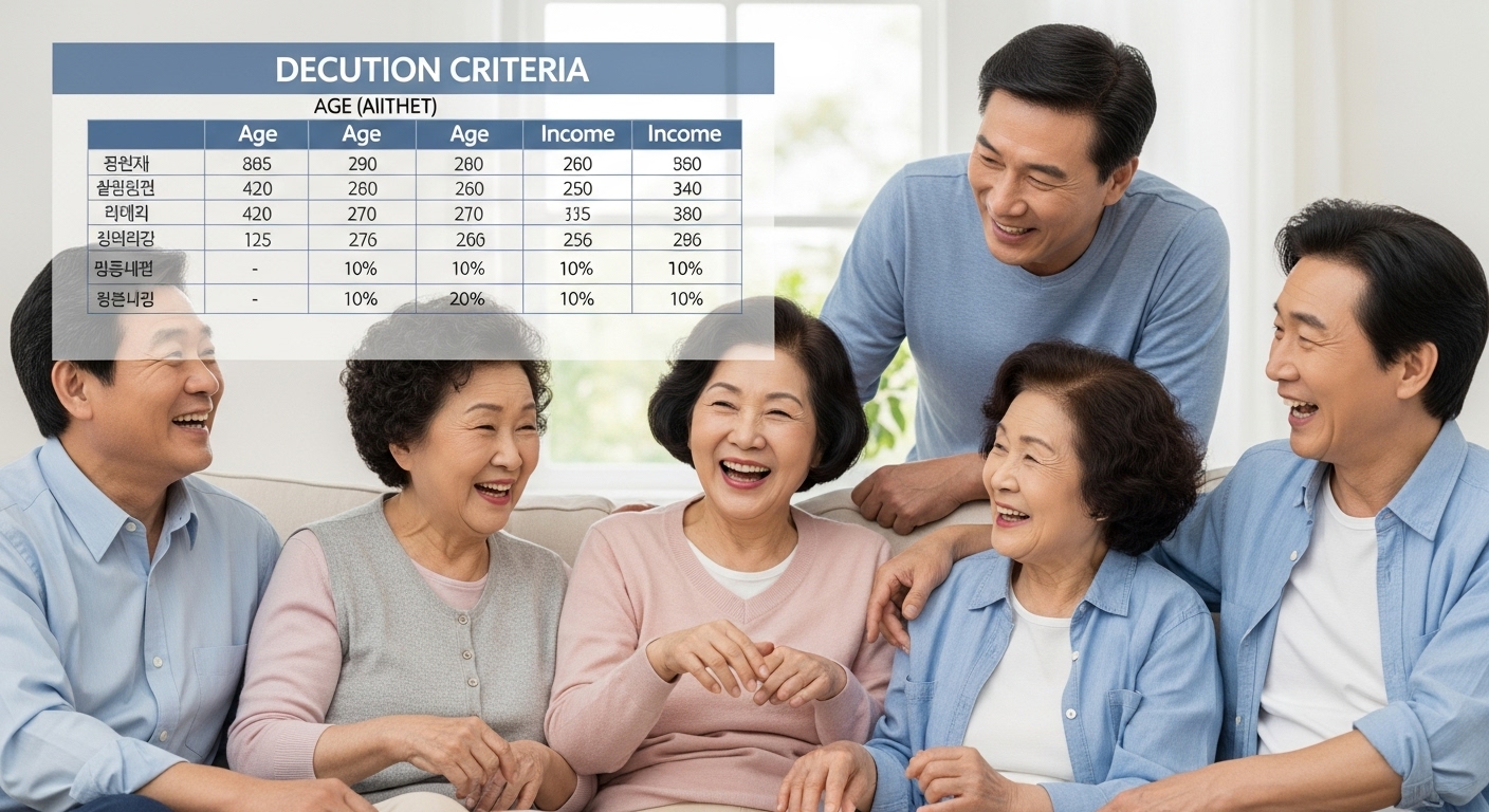 연령 및 소득 기준별 의료비 공제 한도 - 다양한 연령의 가족이 의료비 공제 한도표를 보며 대화하는 모습.