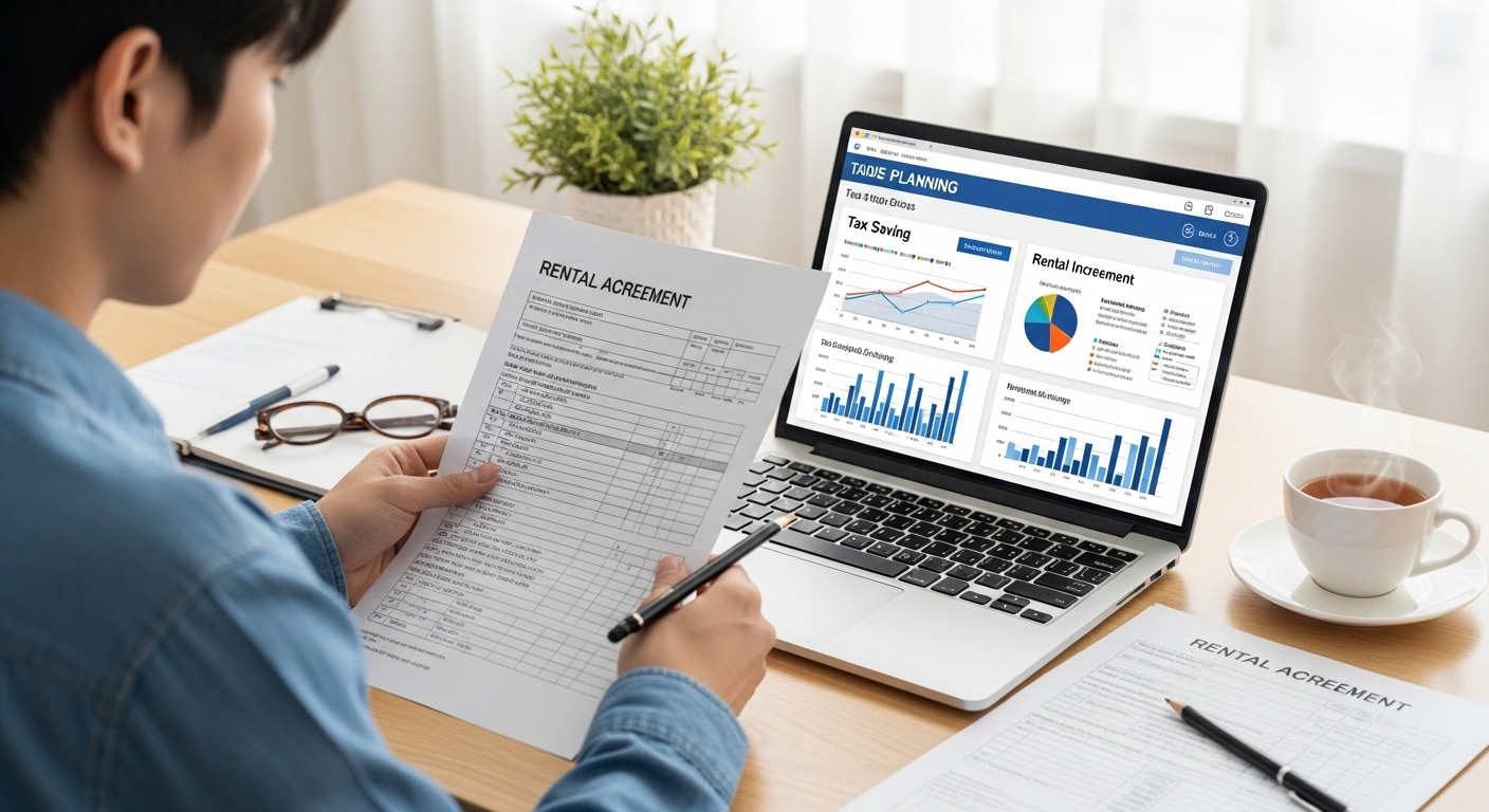 2025년 월세 세액공제 최신 개정 사항 및 적용 대상 - 한국인 청년이 노트북으로 세금 서류와 임대 계약서를 꼼꼼히 검토하며 재정 계획을 세우는 모습.