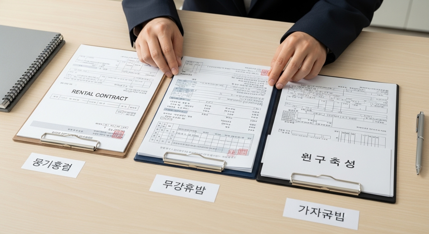 월세 세액공제 필수 제출 서류 및 유의사항 - 한국인 손이 깔끔하게 정돈된 책상 위에서 임대차 계약서, 은행 거래 내역서, 주민등록등본 등 세금 서류들을 정리하는 모습.