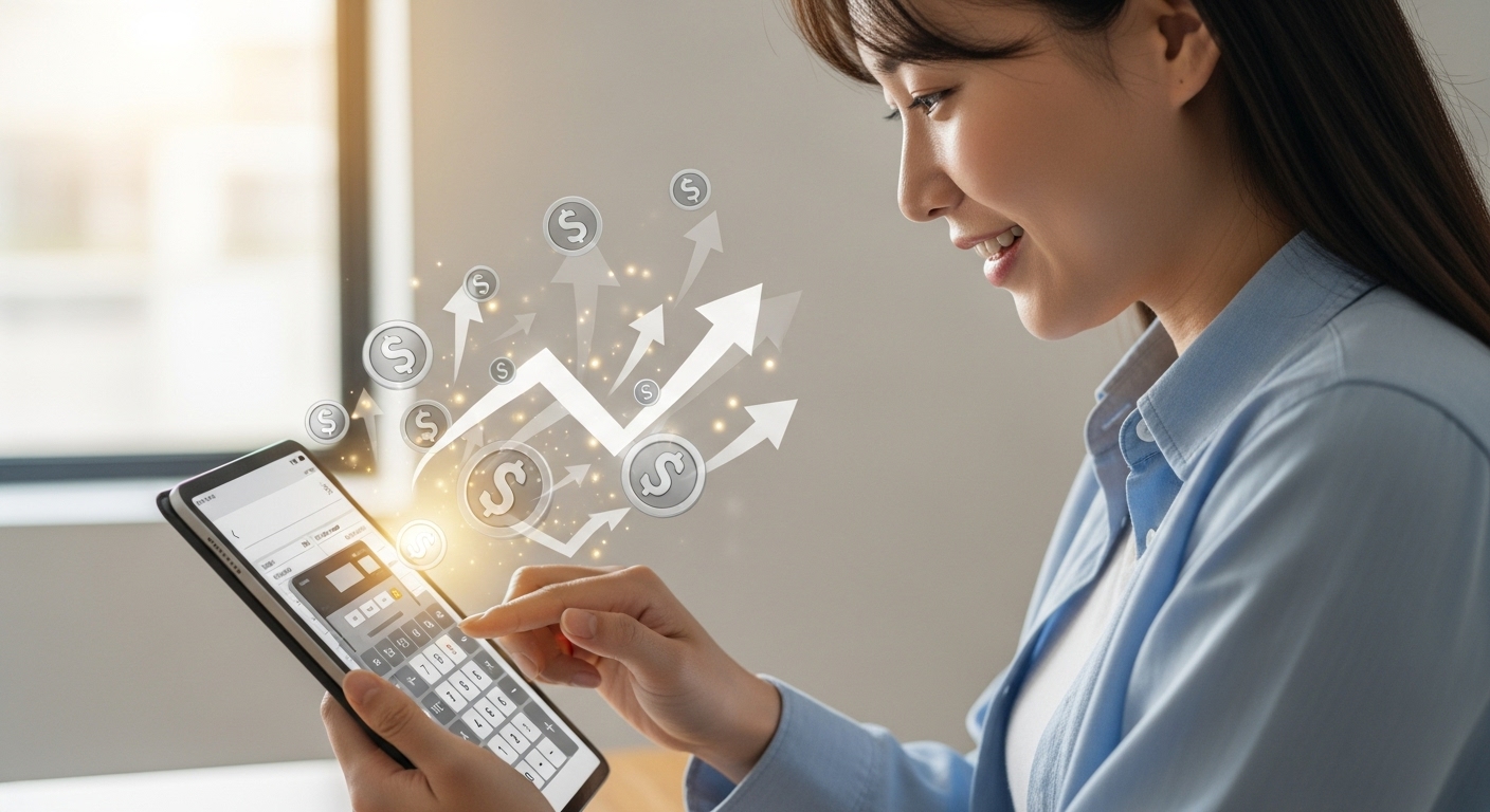 공제율 15% 적용을 위한 추가 팁 및 놓치지 말아야 할 혜택 - 한국인 한 명이 태블릿으로 세금 절약을 계산하며 재정적 이득을 얻는 듯한 밝고 낙관적인 분위기.