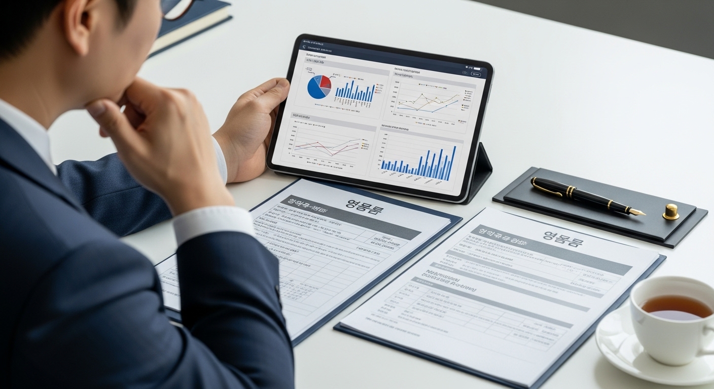 2025년 연금저축 및 IRP 세액공제 제도의 핵심 이해 - 40대 한국인 직장인이 태블릿으로 연금 관련 재무 차트를 분석하며 진지하게 노후를 계획하는 모습.
