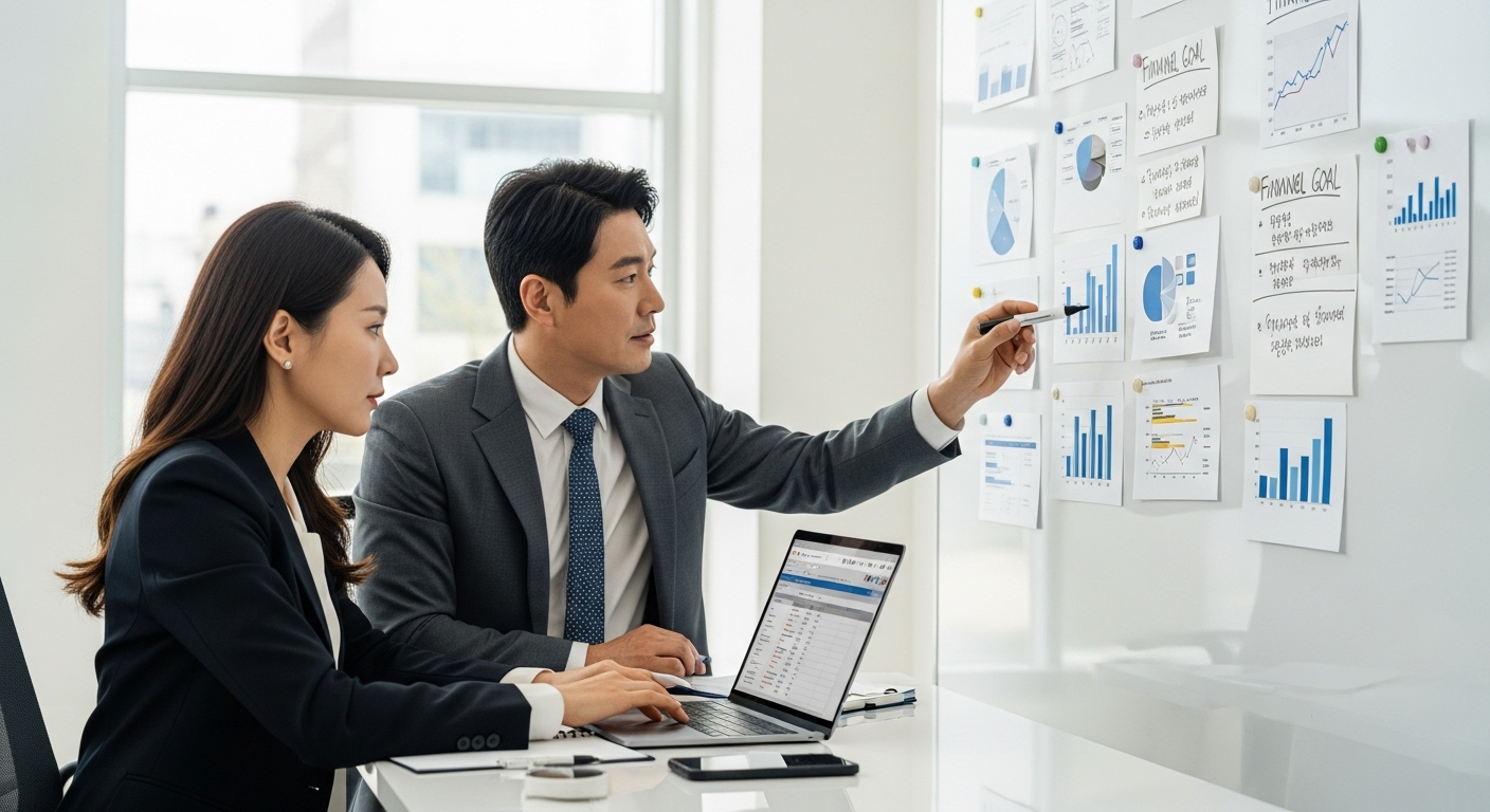 40대 직장인을 위한 2025년 연금저축 & IRP 활용 전략 - 40대 한국인 남녀 직장인 두 명이 노트북과 화이트보드를 활용하여 협력적으로 전략적인 재무 계획을 세우는 모습.