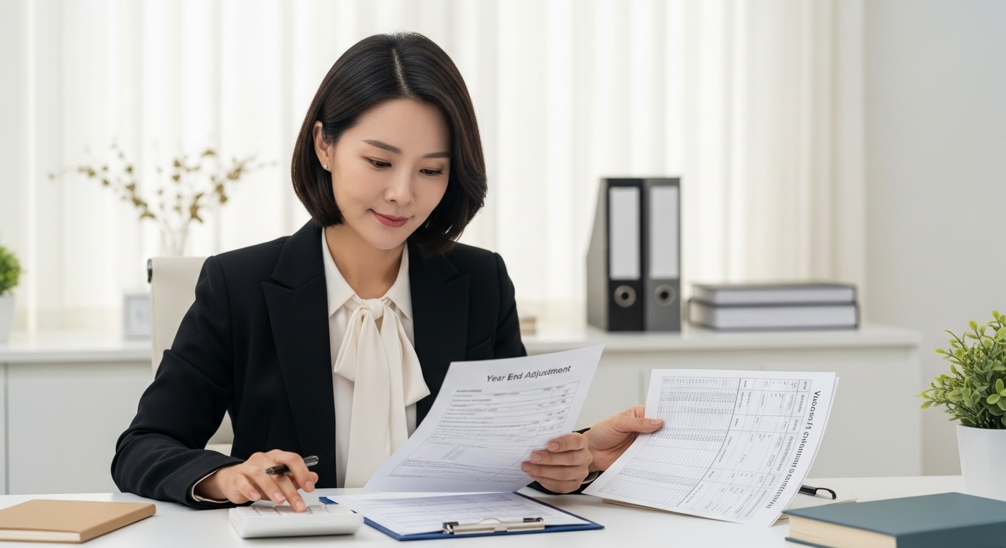 세액공제 환급금 '최대 115만 원' 실현을 위한 구체적 행동 방안 - 40대 한국인 여성 직장인이 책상에서 연말정산 서류와 계산기를 들여다보며 연금 납입액을 최적화하는 모습.