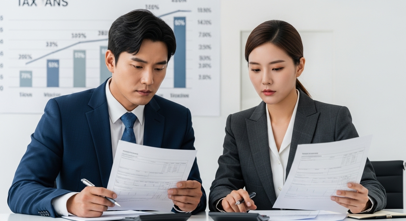 연말정산 몰아주기, 왜 중요할까? 기본 원리 이해하기 - 한인 남녀 두 명이 책상에 앉아 세금 서류와 계산기를 진지하게 들여다보며 재정 계획을 세우는 모습. 뒤편에는 누진세율 표가 희미하게 보인다.