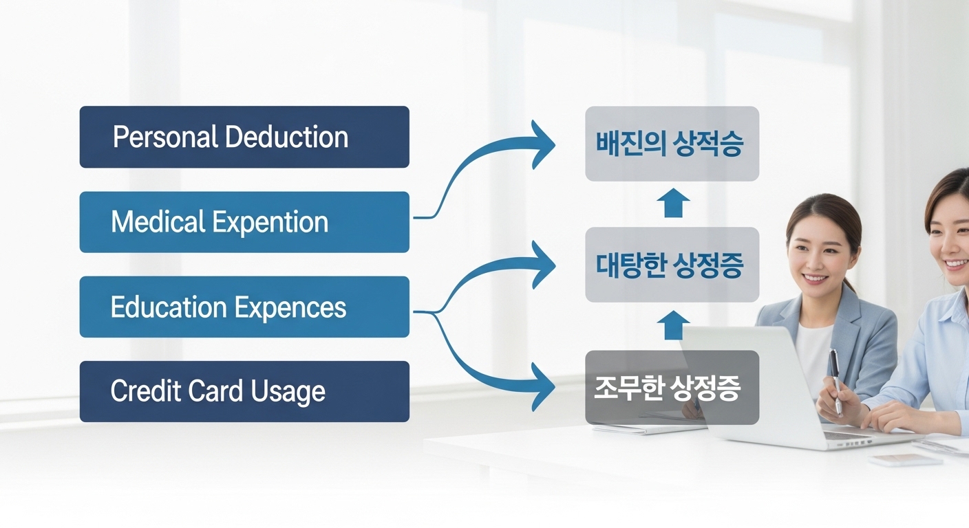 2025년 연말정산 핵심 공제 항목별 몰아주기 전략 - 인적공제, 의료비, 교육비, 신용카드 등 다양한 세금 공제 항목들이 고소득 배우자 또는 저소득 배우자에게 배분되는 것을 보여주는 상세한 한국식 인포그래픽.