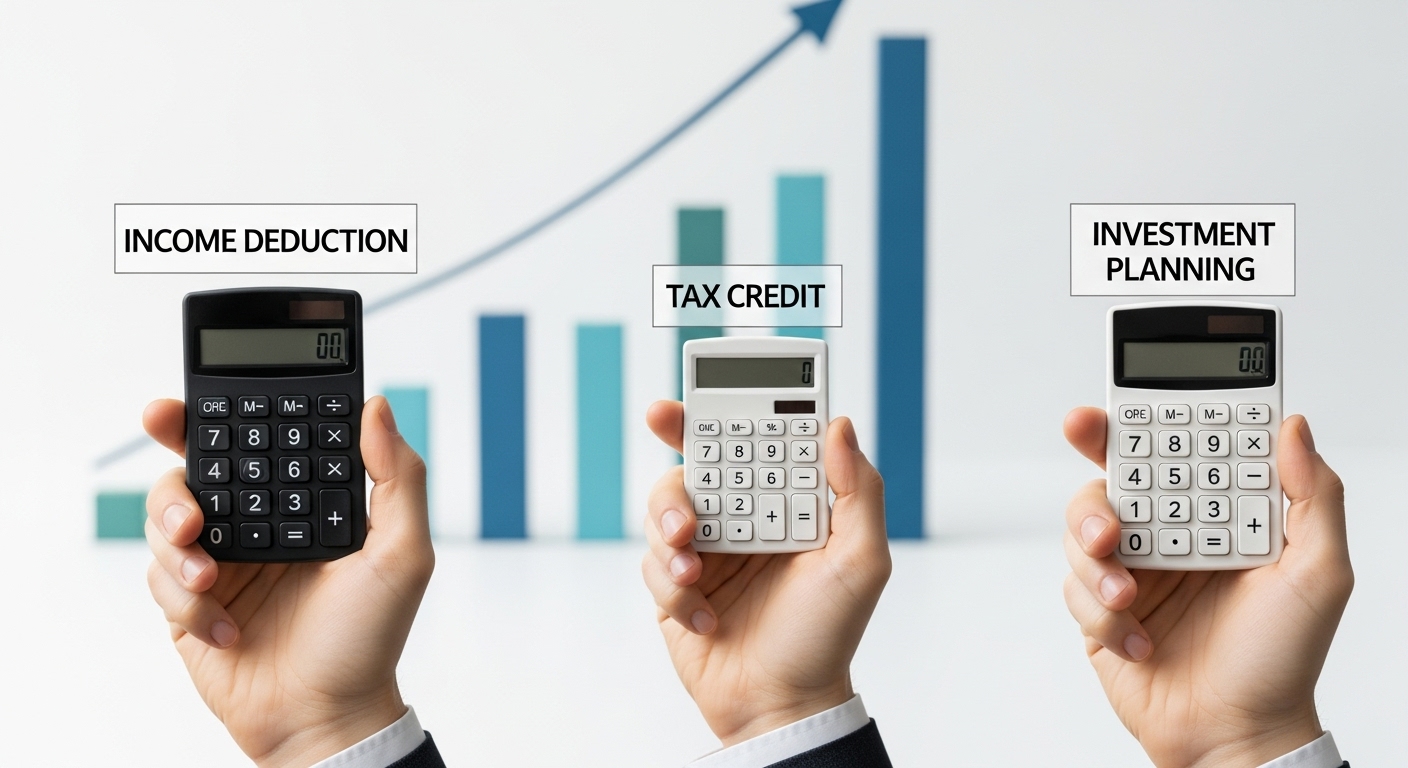 세금 환급액 최대로 만드는 3가지 공식 - 계산기 버튼이나 재무 계획 도구를 들고 있는 세 개의 한국인 손이 세금 환급액 극대화 공식 1, 2, 3을 각각 상징하며, 상승하는 막대 차트 배경이 금융 성장을 의미한다.