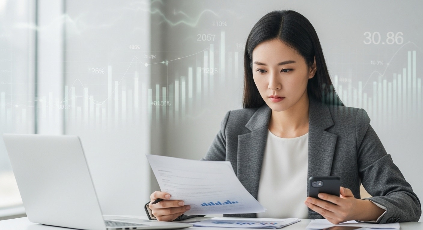 국민연금 예상 수령액, 왜 지금 확인해야 할까? - 한국인 여성이 국민연금 서류와 전자기기를 보며 노후 설계를 하는 모습